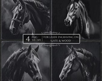Puede incluir: Cuatro imágenes en blanco y negro de cabezas de caballos, cada una en una pose diferente, dispuestas en un cuadrado. Las imágenes son detalladas y artísticas, con un enfoque en los rasgos de los caballos. El texto dice "4 PNG 318 DPI" y "FOR LASER ENGRAVING ON SLATE & WOOD."