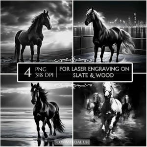 Black Night Horse PNG Laser Ready Engraving, Slate Wood Engraving bundle, Slate Board Coaster, Glowforge LightBurn CNC Projects CNC Router