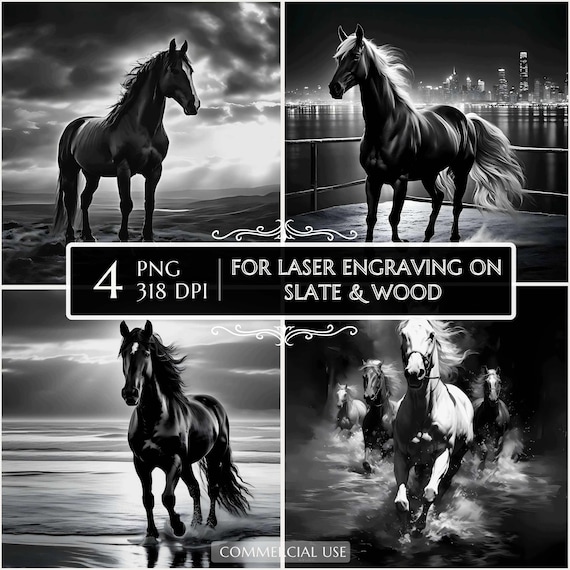 Black Night Horse PNG Laser Ready Engraving, Slate Wood Engraving bundle, Slate Board Coaster, Glowforge LightBurn CNC Projects CNC Router