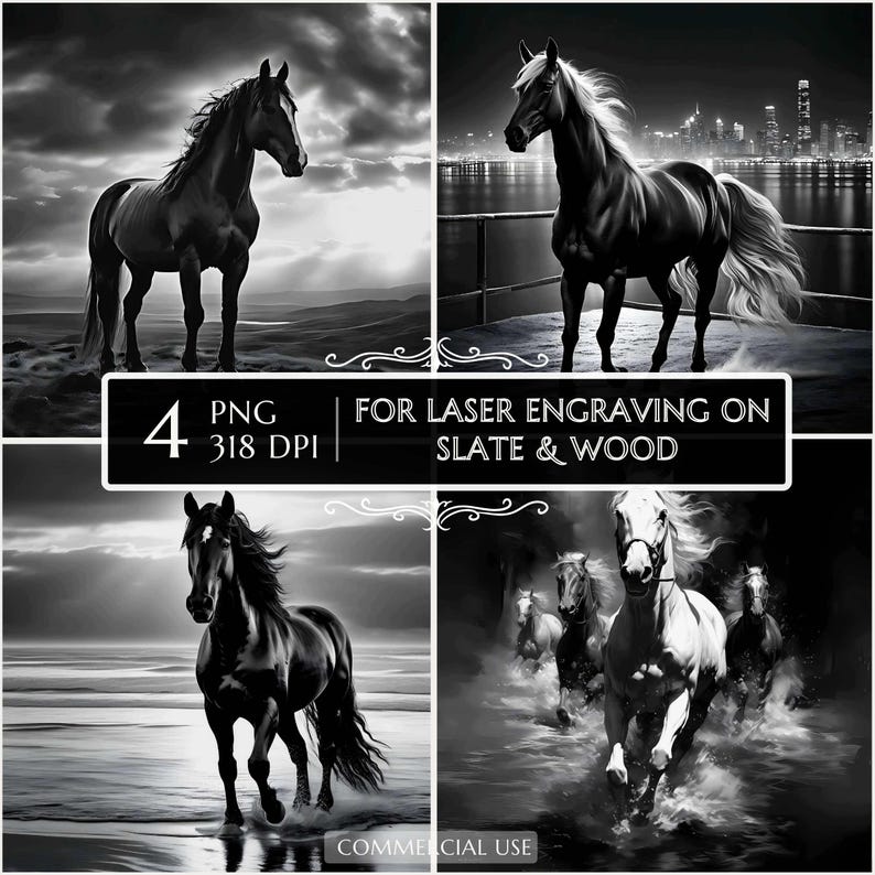 Black Night Horse PNG Laser Ready Engraving, Slate Wood Engraving bundle, Slate Board Coaster, Glowforge LightBurn CNC Projects CNC Router