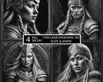 Viking Woman Warrior Laser Engraving PNG Files, Slate Coaster Etching, Glowforge xTool CNC LightBurn laser Burn PNG, Laser ready design