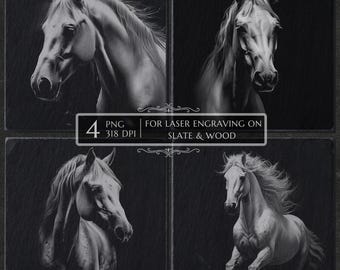 Puede incluir: Cuatro imágenes en blanco y negro de la cabeza de un caballo y un caballo corriendo. Las imágenes son para grabado láser en pizarra y madera. PNG 318 DPI.