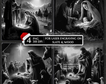 May include: A set of four black and white digital illustrations depicting nativity scenes with figures, animals, and a star. The image includes the text 4 PNG 318 DPI FOR LASER ENGRAVING ON SLATE & WOOD and a small red and white Santa hat icon.