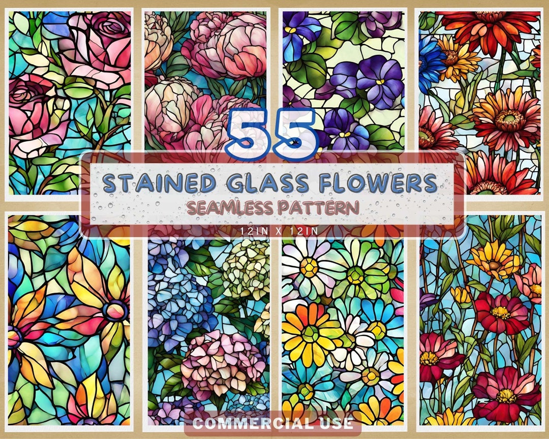 55 Floral Stained Glass Digital Papers – Seamless Flower Patterns for ...