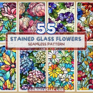 May include: 55 stained glass flower seamless patterns, each 12 inches by 12 inches. The patterns feature a variety of flowers, including roses, peonies, hydrangeas, daisies, and sunflowers. The patterns are in a variety of colours, including red, pink, blue, yellow, and green. The patterns are perfect for adding a touch of elegance and beauty to any home decor project.