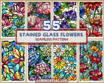 55 Floral Stained Glass Digital Papers – Seamless Flower Patterns for Scrapbooking, Card Making Backgrounds Stained Glass Texture JPG Bundle
