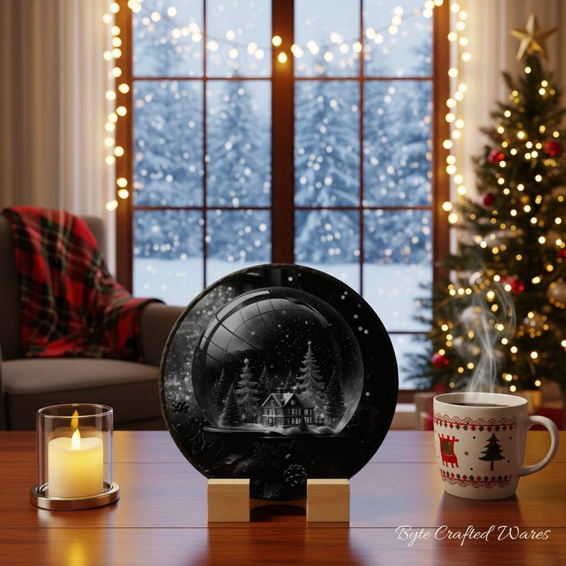 May include: A circular black decorative plate featuring a central glass snow globe illustration with a house and pine trees, displayed on two small wooden blocks. The plate is positioned between a lit pillar candle and a white holiday mug.