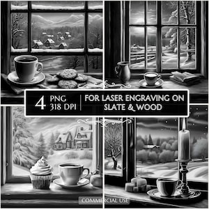 Beautiful Christmas Village Scene, Coffee in Winter at home, Laser Engraving, Slate Christmas Coasters PNG, Christmas files, Santa Files