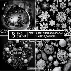 8 Christmas time decor PNG, Laser Ready for Engraving, Merry Christmas, laser Burn PNG, Slate Coasters PNG Xmas Stock Lightburn File
