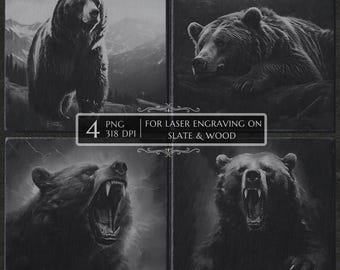 Grizzly Bear Laser Engraving Files, Wildlife Bear Design, Slate Coaster Etching, Laser Burn PNG, CNC Router File, Glowforge LightBurn