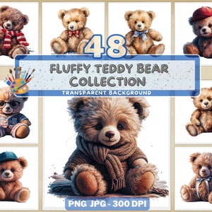 48 Watercolor Fluffy Teddy Bear Collection, Sleeping Teddy Bears, Little Teddy bear, Boho Teddy Bear, Baby Shower Clipart, Cute Teddy Bear