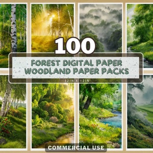 100 papier numérique forêt, papier journal Woodland indésirable, papiers forêt verte, paquets de papier forêt, toile de fond arbres nature forêt, forêt imprimable