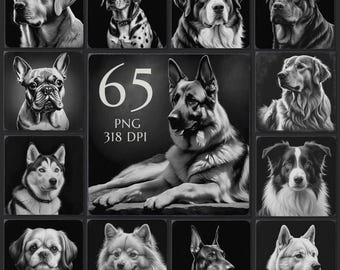 65 Dog - Laser Engraving PNG Bundle, Dog Breeds Laser Burn Files, Slate Coaster Design, CNC Router, Glowforge Lightburn Ready, Pet Memorials