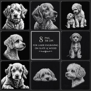 Könnte beinhalten: Eine Sammlung von Graustufenbildern verschiedener Hunderassen, darunter Cocker Spaniels und Pudel. Die Bilder sind für die Lasergravur auf Schiefer und Holz bestimmt, mit dem Text "8 PNG 318 DPI FOR LASER ENGRAVING ON SLATE & WOOD".
