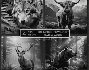 Wildlife Laser engraving png, laser burn png, slate coaster etching file, deer bear wolf cow laser design, Glowforge xTool LightBurn CNC