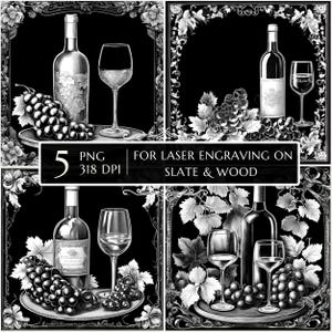 5 Bundle Wine Laser Engraving PNG File, Kitchen Board Laser Burn, Glowforge, Chopping Board, Cutting Board, Illusion Laser, Slate Engraving
