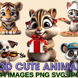 3D süße Tiere Clipart - 44 PNG, Safari und Zoo Tiere SVG, Baby Savanna Tiere, Cricut Silhouette, Löwe, Tiger, Giraffe, Zebra, Affe