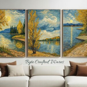 Pintura de otoño, impresión de naturaleza otoñal, pintura al óleo estilo Van Gogh, arte de pared de 3 piezas, arte de pared de naturaleza, póster de otoño, conjunto de paisaje impreso