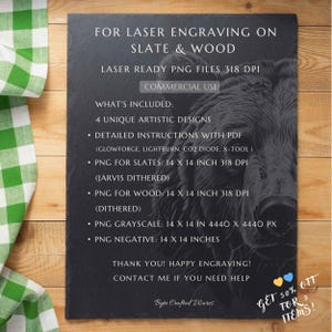 Op de afbeelding: Een zwart-wit afbeelding van een stierenkop met de tekst "FOR LASER ENGRAVING ON SLATE & WOOD" en "LASER READY PNG FILES 318 DPI" in wit. De tekst "WHAT'S INCLUDED: 4 UNIQUE ARTISTIC DESIGNS" is ook in wit opgenomen. De tekst "DETAILED INSTRUCTIONS WITH PDF (GLOWFORGE, LIGHTBURN, CO2 DIODE, X-TOOL)" is in wit opgenomen. De tekst "PNG FOR SLATES: 14 X 14 INCH 318 DPI (JARVIS DITHERED)" is in wit opgenomen. De tekst "PNG FOR WOOD: 14 X 14 INCH 318 DPI (DITHERED)" is in wit opgenomen. De tekst "PNG GRAYSCALE: 14 X 14 IN 4440 X 4440 PX" is in wit opgenomen. De tekst "PNG NEGATIVE: 14 X 14 INCHES" is in wit opgenomen. De tekst "THANK YOU! HAPPY ENGRAVING! CONTACT ME IF YOU NEED HELP" is in wit opgenomen. De tekst "Byte Crafted Wares" is in wit opgenomen. De tekst "GET 50% OFF FOR 3 ITEMS!" is in blauw, geel en roze.