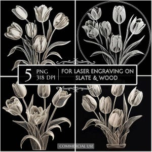 5 White Tulip PNG for Engraving, Vintage Flower Laser Files, Slate Coaster Laser Burn, Romantic Gift, laser floral, Glowforge, Lightburn