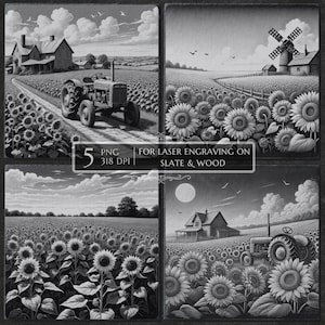 Sunflower Field Laser Engraving PNG, Farm Landscape Bundle, Windmill Tractor Scene Rural Nature Engraving Slate Wood CNC Glowforge LightBurn