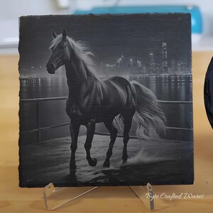 Black Night Horse PNG Laser Ready Engraving, Slate Wood Engraving bundle, Slate Board Coaster, Glowforge LightBurn CNC Projects CNC Router
