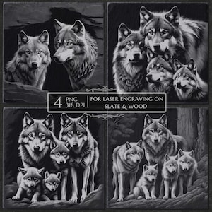 Wolf PNG Laser Engraving Bundle, Forest Wolf Family Slate Coaster Board Sign, CNC Diode CO2 Laser File, Glowforge Gift for Him