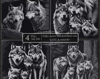 Wolf PNG Laser Engraving Files, Forest Wolf Family Slate Coaster Designs, CNC Diode CO2 Laser Burn PNG, Glowforge Gift for Him