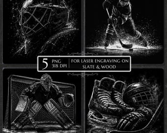 May include: A collection of five black and white digital illustrations featuring ice hockey themes, including a goalie mask, a player skating with a stick, a goalie in a net, and hockey gear. Text reads: 5 PNG 318 DPI FOR LASER ENGRAVING ON SLATE & WOOD.