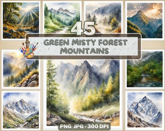 45 Watercolor Mountain Forest Clipart, Green Misty Mountain Spring Png, Mountain Landscapes, Scrapbook, Forest PNG, Gifts for Husband