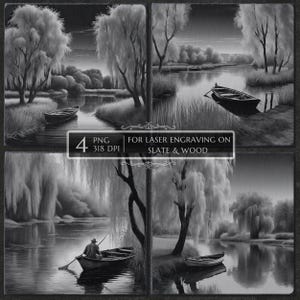 Boat on River Laser Engraving PNG, Nature Engraving File, Fishing Boat Scene, Slate Wood Engraving, CNC Laser Cut, Glowforge LightBurn PNG