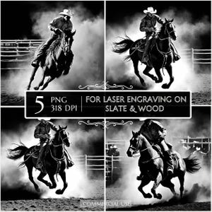 Cowboy laser engraving png, laser burn png, slate coaster etching file, horse gallop design, Glowforge file, xTool png, CNC engraving file
