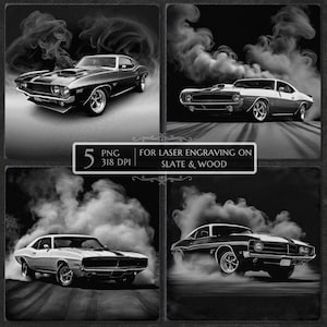 Retro Muscle Car Laser Engraving PNG, Classic Car Laser Burn, Slate Coaster Etching file, Automotive Garage Art Glowforge LightBurn CNC file