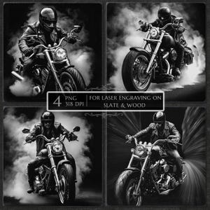 Biker on Motorcycle laser engraving png, laser burn png, slate coaster etching file, chopper ride design, Glowforge, xTool, CNC engraving
