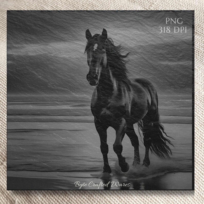 Black Night Horse PNG Laser Ready Engraving, Slate Wood Engraving bundle, Slate Board Coaster, Glowforge LightBurn CNC Projects CNC Router