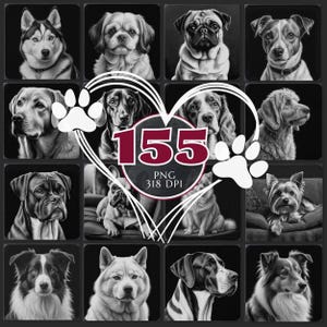May include: A digital collage featuring 15 dog portraits in black and white, arranged in a grid. A heart shape with paw prints and the number "155" is in the center, with "PNG 318 DPI" below. Various breeds are shown.