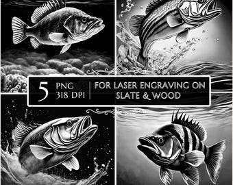 Largemouth Bass Laser Engraving PNG, Fish Slate Coaster File, Wildlife Fishing Design, Glowforge LightBurn, CNC Router Slate Etching