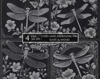 Dragonfly and Flowers Laser Engraving File, Floral Laser Burn PNG, Slate Coasters Flowers, CNC Router, CO2, Lightburn, Glowforge, Xtool