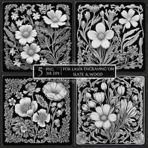 Wildflowers laser engraving png, laser burn png, slate coaster etching file, rustic floral engraving art, Glowforge xTool LightBurn CNC