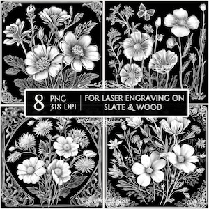 8 Flowers 3D Bundle Laser Burn PNG, Vintage Antique Flowers, Slate and Wood Laser Engraving PNG, 3D Floral Illusion, Slate Board Coaster