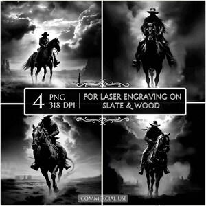Cowboy Riding Horse PNG Bundle, Western Laser Engraving Files, Wild West Slate Coaster, Glowforge LightBurn CNC Ready PNG