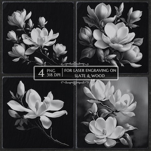 May include: Four square tiles with black backgrounds showcase detailed grayscale illustrations of magnolia flowers. The text "4 PNG 318 DPI FOR LASER ENGRAVING ON SLATE & WOOD" is in the center. The floral designs include open blooms and buds.