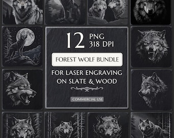 Wolf in Forest PNG Bundle for Laser Engraving – 12 Wild Wolf Designs, Slate & Wood Etching Files, CNC, Glowforge, Rustic Decor, CO2 Laser