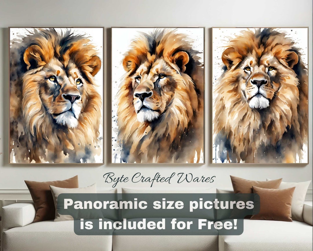 Lion Watercolor PNG Wall Art Set of 3, Lion Painting Triptych Print ...
