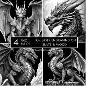 May include: Four black and white digital illustrations of dragons with wings. The dragons are in different poses and have detailed scales. The text "FOR LASER ENGRAVING ON SLATE & WOOD" is at the top of the image.