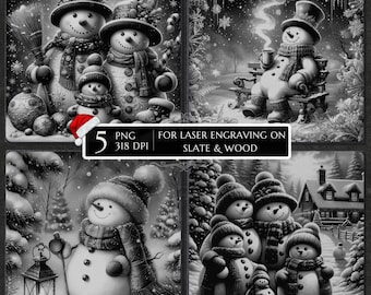 May include: A collection of four black and white digital illustrations featuring snowmen in winter scenes. The central text reads 5 PNG 318 DPI FOR LASER ENGRAVING ON SLATE & WOOD. The images depict snowmen with hats, scarves, and lanterns.
