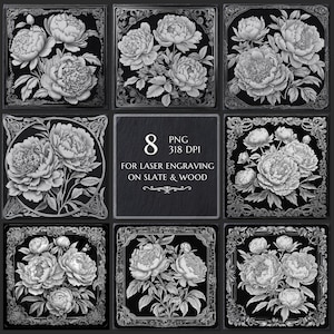 Peony Flower PNG for Laser Engraving, Floral Slate Coaster File, 3D Illusion Flower Bundle, Glowforge xTool LightBurn CNC, co2 laser file