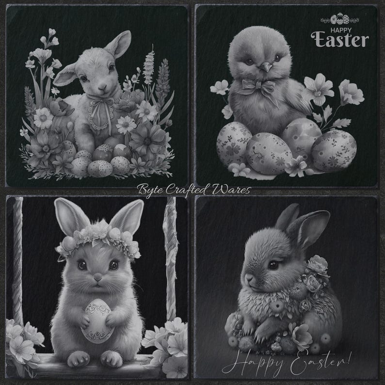 Happy Easter Bundle, 12 Laser Engraving PNG Files, Easter Slate Coaster ...