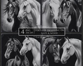 Black and White Horse PNG Laser Engraving File, Stallion Silhouette, Slate Board Coaster, Glowforge, Co2, LightBurn Ready