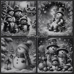 May include: A set of four black and white illustrations featuring snowmen in winter scenes. The images depict a snowman family, a snowman sitting on a bench with a hot drink, a snowman with a lantern, and a snowman family with ornaments.